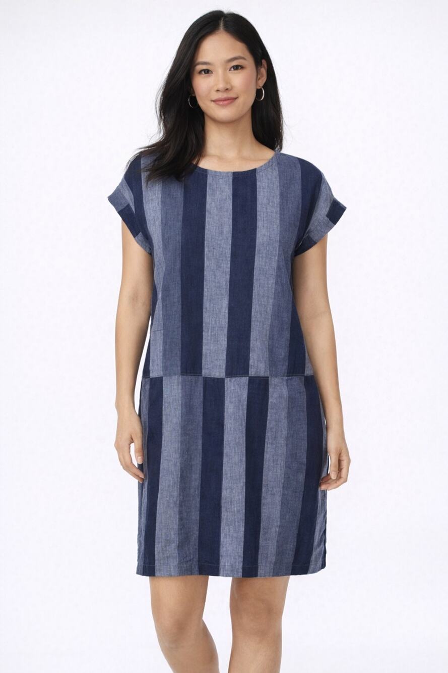 Garnet Hill Relaxed Fit Meraki Linen Shift Dress Womens Size Small Blue Striped
